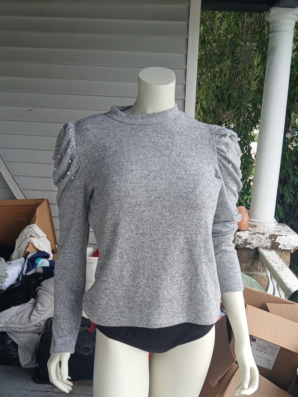 EUC Zara Gray Long Sleeve Sweater with Pearl Details Size Large